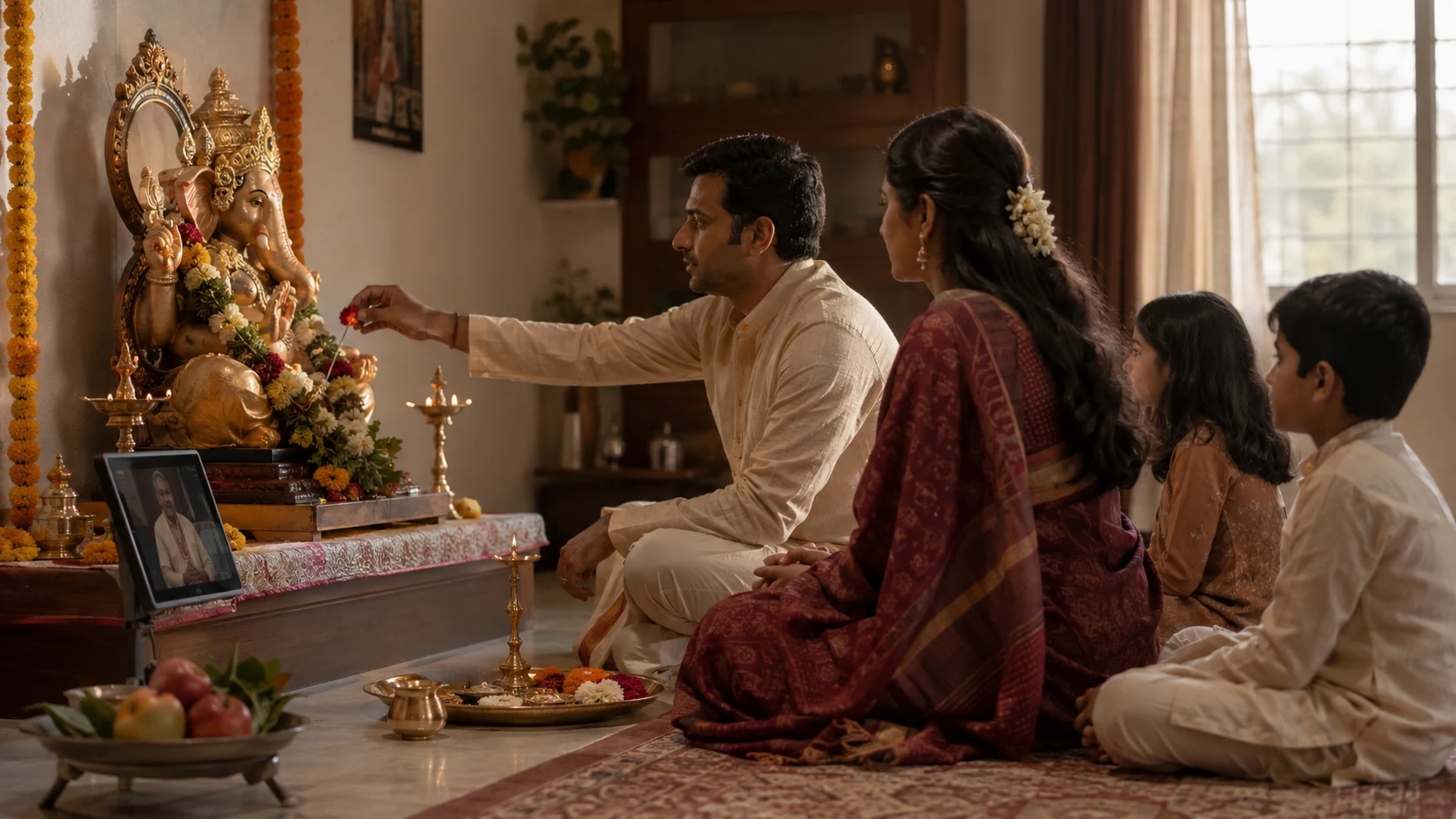 AI-generated illustration of a family facing their Ganesh altar and following a tablet guide